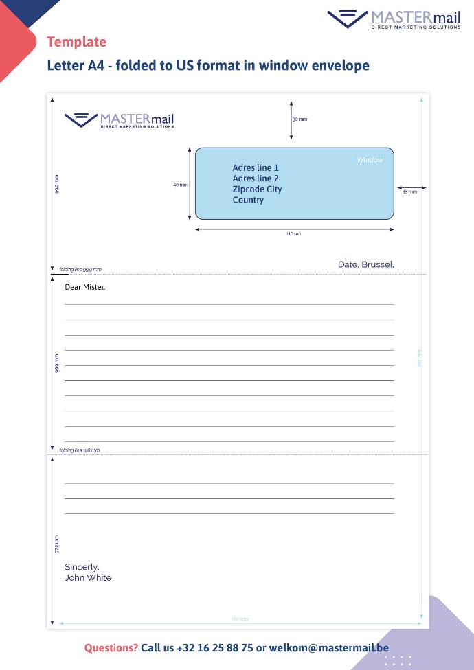 Template bpost Letter A4 folded to US format in window envelope